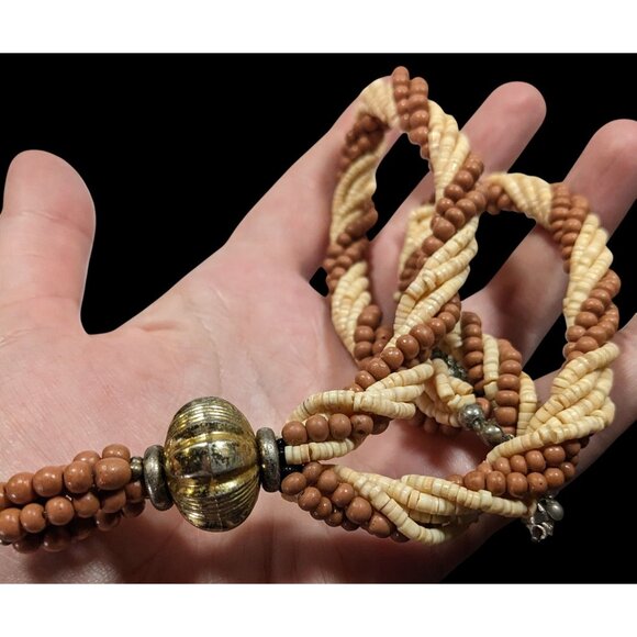 Vintage Rustic Brown And Cream Shell And Wood Beaded Necklace With Gold Tone Bau - Picture 3 of 6